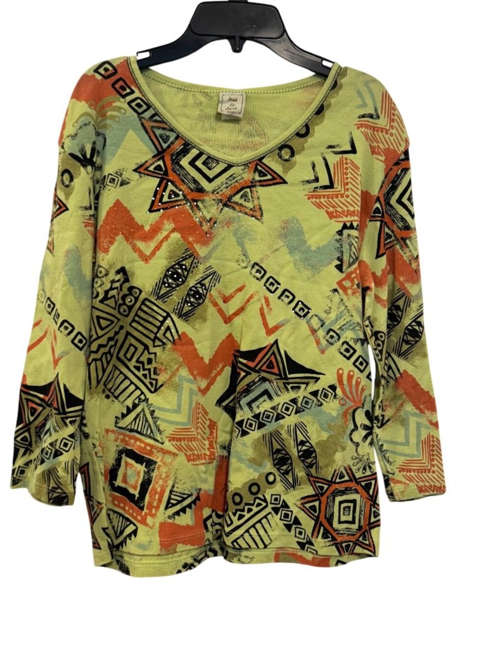 Jess & Jane Samba Top V-Neck 3/4 Sleeve Abstract Print Green/Orange Size Medium
